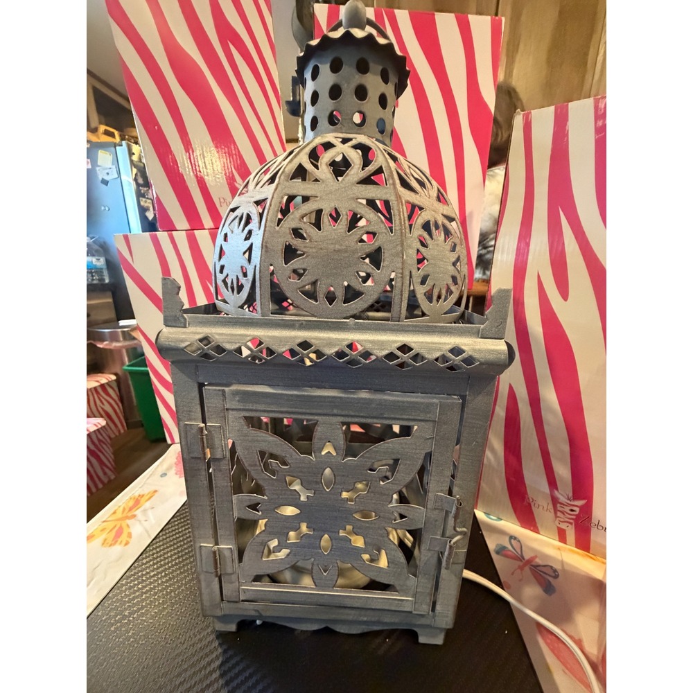 Pink Zebra Simmering Light Lantern Distressed Gray Metal Floral Butterfly 14in